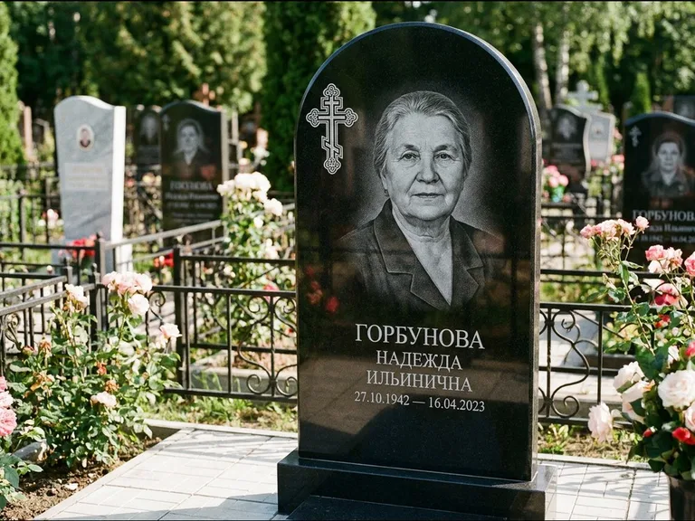 Памятник из чёрного гранита — стела с боковой колонной с крестом в лучах, работа «Мельникова» в Салехарде