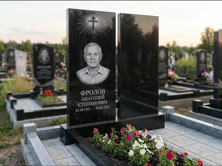 Памятник из чёрного гранита — стела на ступенчатом постаменте с золочёным крестом, работа «Богданов» в Салехарде