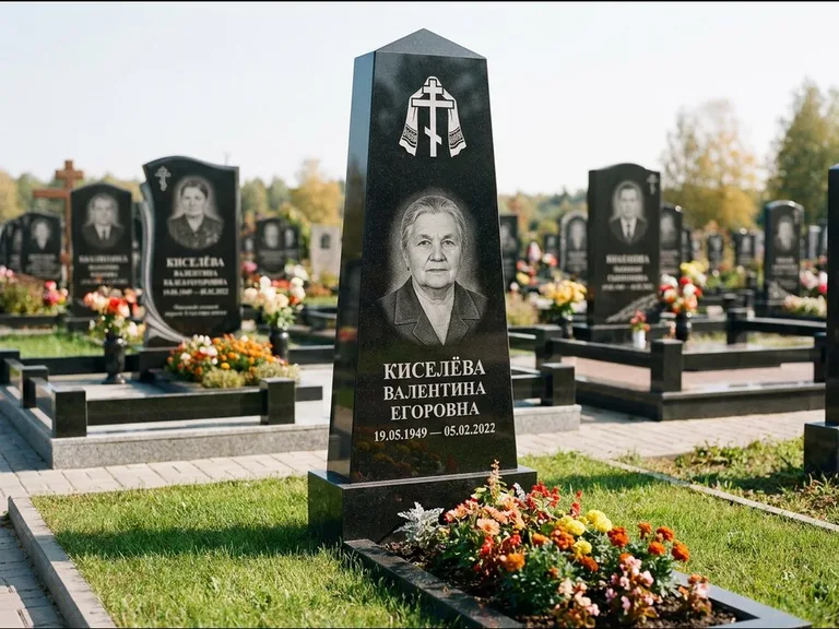 Памятник из чёрного гранита — стела со скошенным верхом с ажурным резным крестом, работа «Селезнёва» в Салехарде