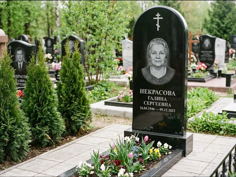 Памятник из чёрного гранита — стела с цветником-плитой с латинским крестом, работа «Лаврентьева» в Салехарде