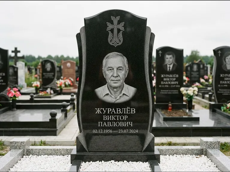 Памятник из чёрного гранита — панорамная стела с армянским хачкаром, работа «Тихонов» в Салехарде