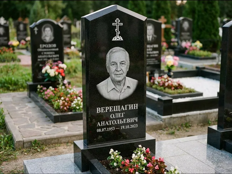 Памятник из чёрного гранита — обелиск-колонна с крестом на Голгофе, работа «Ковалёв» в Салехарде