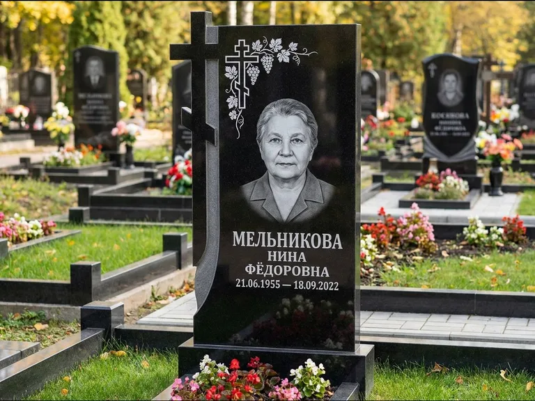 Памятник из чёрного гранита — стела с резной рамкой с крестом с распятием, работа «Некрасова» в Салехарде