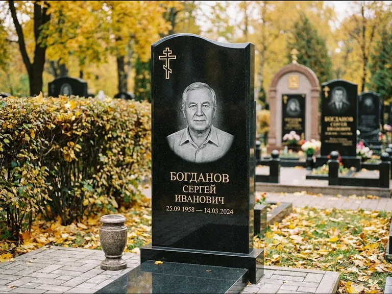 Памятник из чёрного гранита — стела с цветником с процветшим крестом с виноградной лозой, работа «Журавлёв» в Салехарде