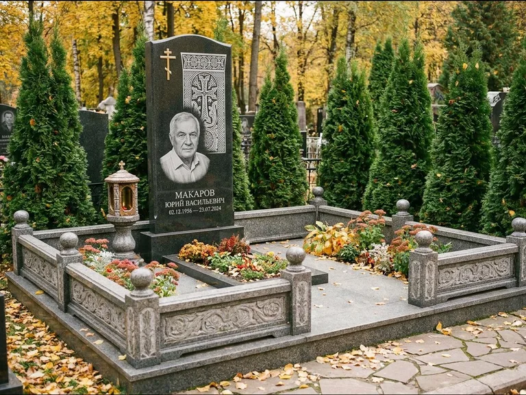 Памятник из чёрного гранита — стела с крестом и лампадой с армянским хачкаром, работа «Гущин» в Салехарде