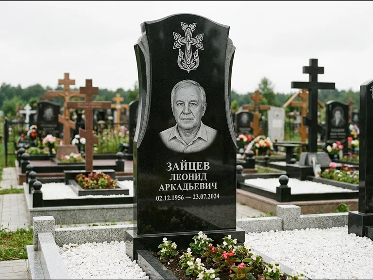 Памятник из чёрного гранита — семейная стела на двоих с армянским хачкаром, работа «Журавлёв» в Салехарде