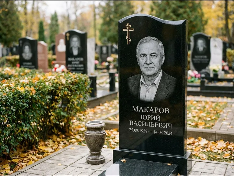Памятник из чёрного гранита — фигурная стела с киот-нишей с процветшим крестом с виноградной лозой, работа «Богданов» в Салехарде