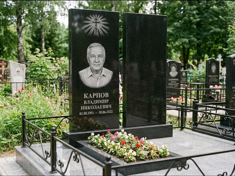 Памятник из чёрного гранита — ступенчатая стела с золочёным крестом, работа «Панкратов» в Салехарде
