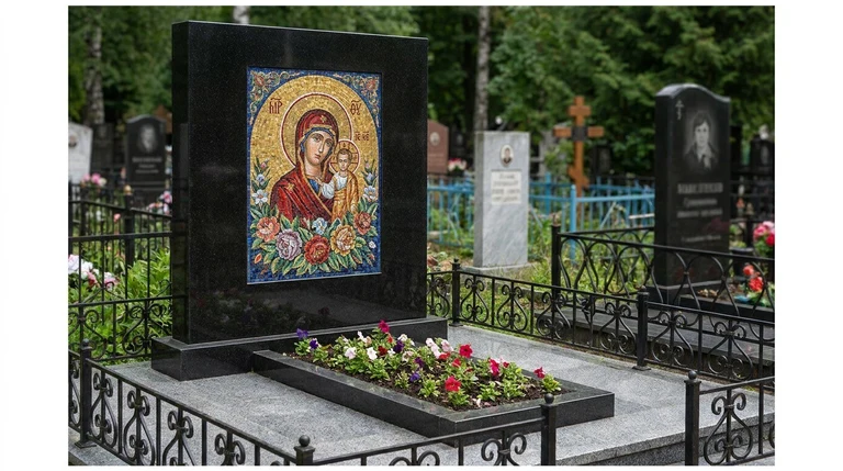 Мозаика на памятник в Салехарде — цветное панно из смальты на чёрной гранитной стеле