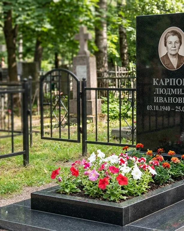Памятник под ключ с низкой оградой и цветником в Салехарде