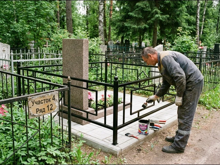 Покраска оградки на кладбище в Салехарде — мастер красит металлическую ограду на могиле чёрной эмалью