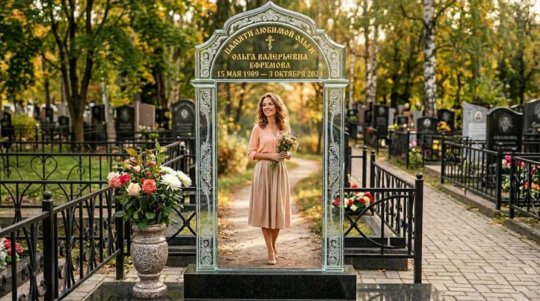 Портрет на стекле в форме арки на памятнике в Салехарде