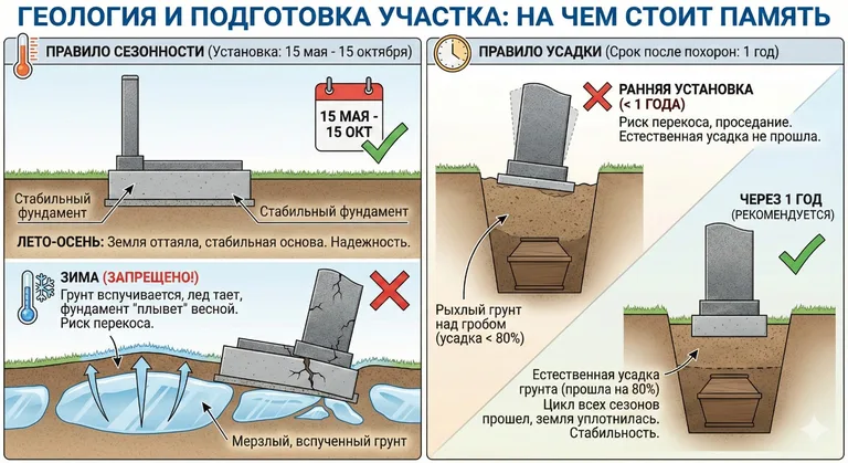 Правила сезонности и усадки грунта при установке памятника на могилу