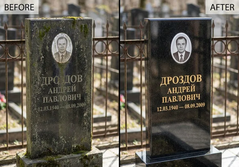 Чистка и полировка гранитного памятника: до и после в Салехарде