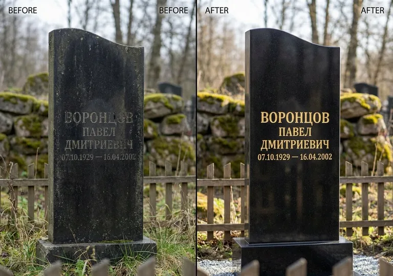 Золочение и обновление надписей на памятнике: до и после в Салехарде