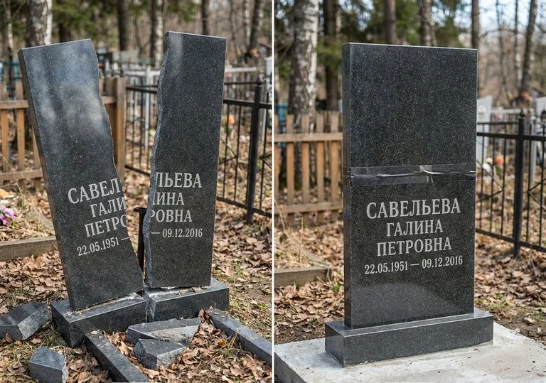 Склейка расколотого гранитного памятника: до и после в Салехарде