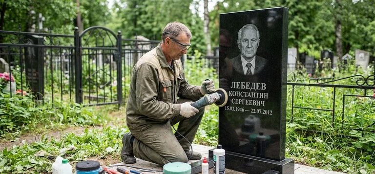 Реставрация памятника в Салехарде — восстановление гранита, заделка трещин и обновление надписей на кладбище