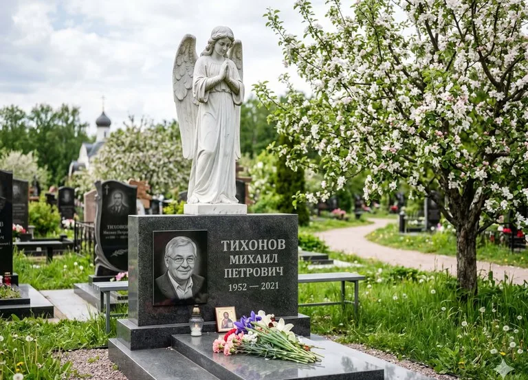 Мраморный молящийся ангел на гранитном памятнике весной в Салехарде
