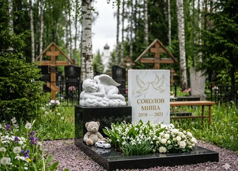 Белый ангелочек на детском памятнике в Салехарде