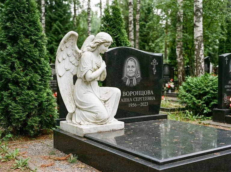 Белый мраморный ангел на гранитном памятнике в Салехарде