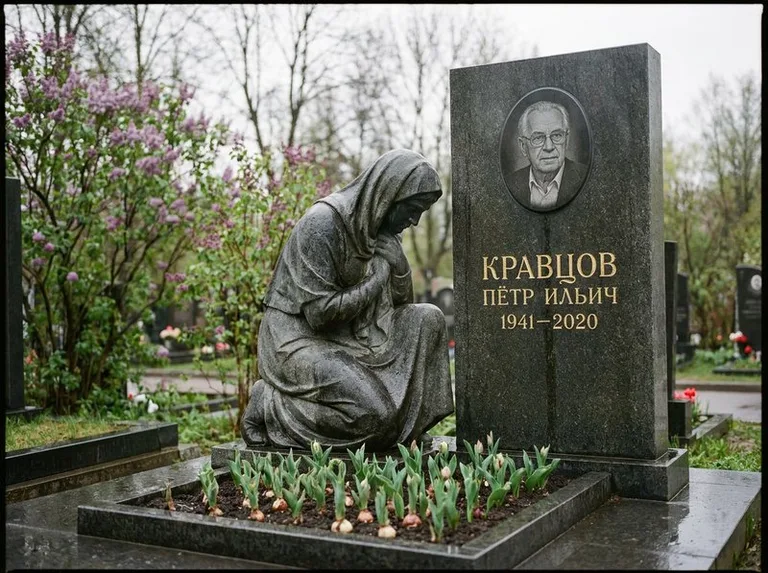 Гранитная скорбящая фигура у стелы на кладбище в Салехарде