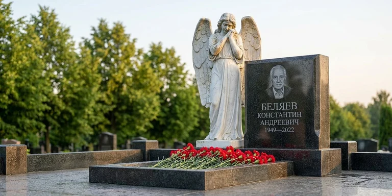 Скульптура на памятник в Салехарде — мраморный ангел на гранитном мемориале