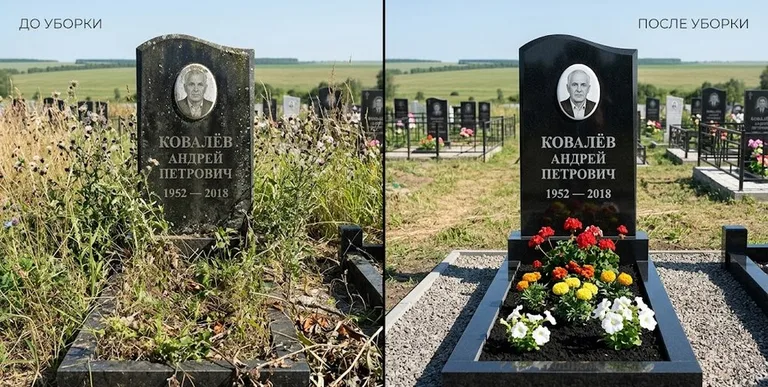 Уборка могилы до и после — ухоженный участок в Салехарде