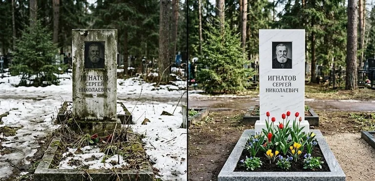 Диптих №6: высадка хризантем у подножия серого гранита — до и после уборки в Салехарде