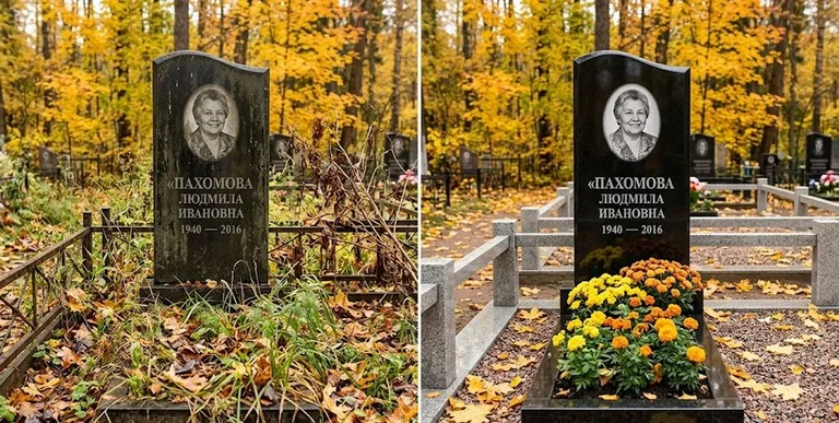Уборка могилы до и после осенью — клёны в Салехарде
