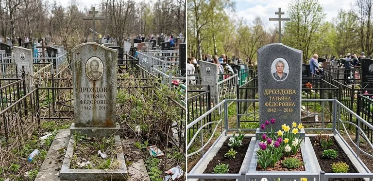 Диптих №4: свежепокрашенная серебром оградка и отмытый красный гранит — до и после в Салехарде