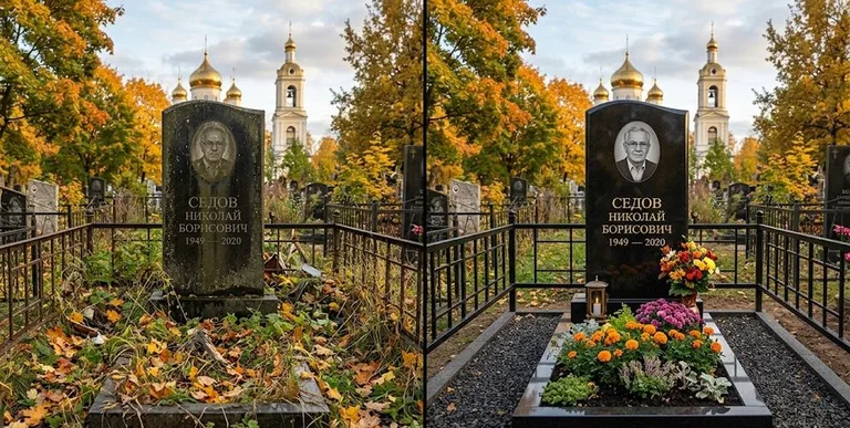 Уборка могилы до и после осенью — у церкви в Салехарде