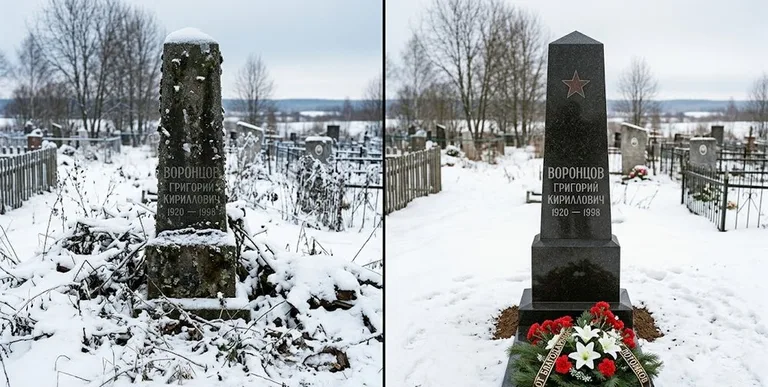 Уборка могилы до и после зимой — воинский обелиск в Салехарде