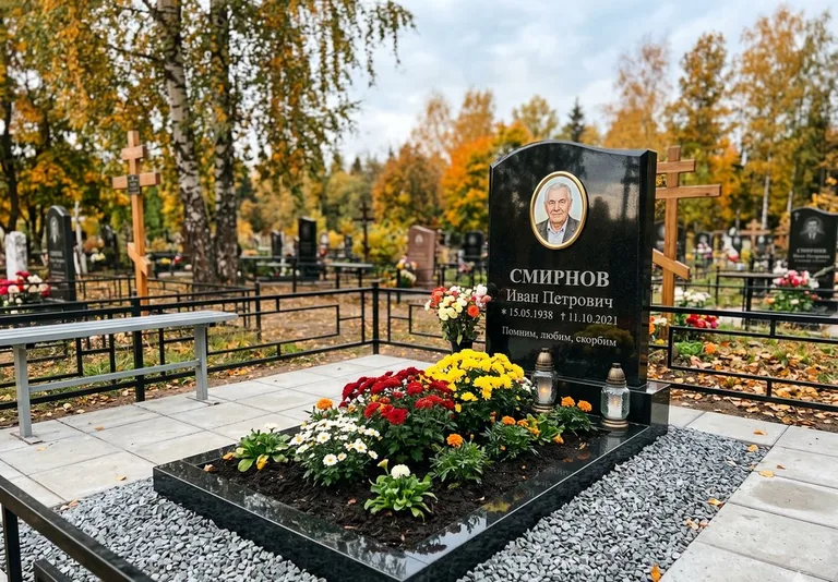 Ухоженная могила после уборки и мойки памятника в Салехарде