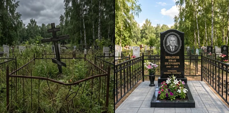 Благоустройство могилы до и после установки памятника в Салехарде