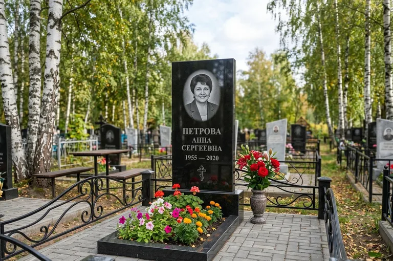Гранитный памятник с цветником и плиткой в Салехарде