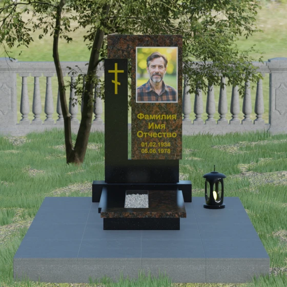 Православный памятник с крестом и мемориальным комплексом в Казани, гранит Дымовский, вид 2