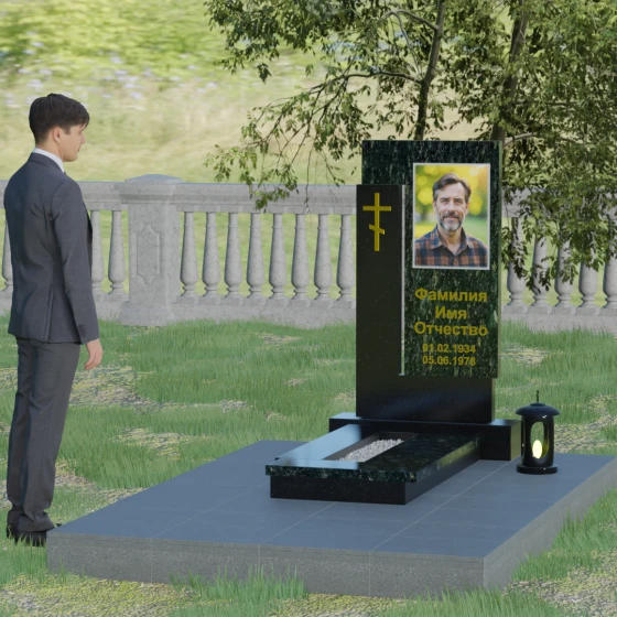 Православный памятник с крестом и мемориальным комплексом в Казани, гранит Балтик грин, вид 4