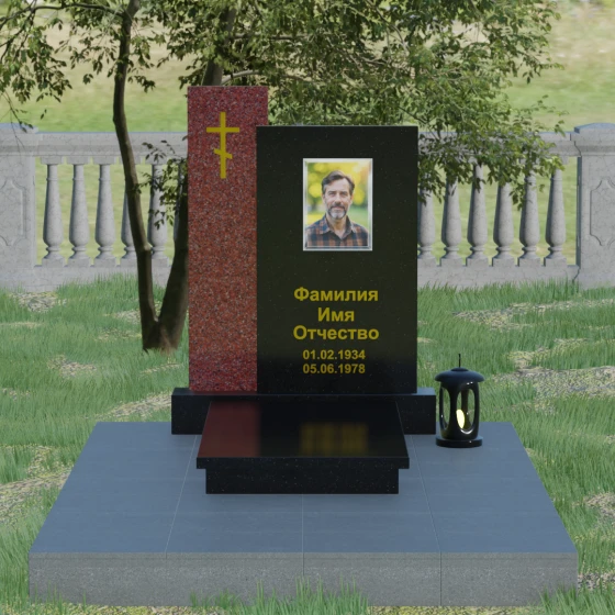 Комбинированный памятник из двух стел с лампадой, гранит Габбро-диабаз, вид 2