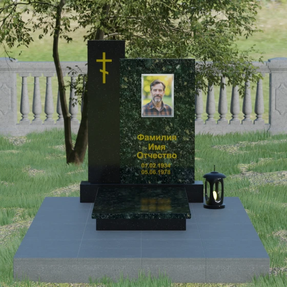 Комбинированный памятник из двух стел с лампадой, гранит Балтик грин, вид 2
