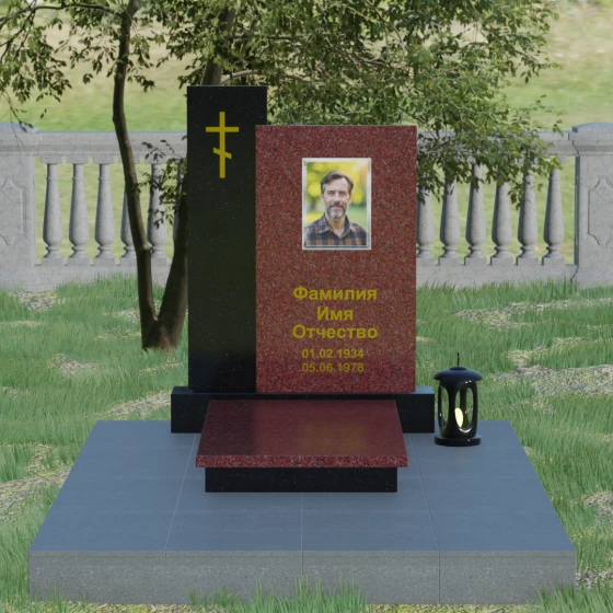 Комбинированный памятник из двух стел с лампадой, гранит Лезниковский, вид 2