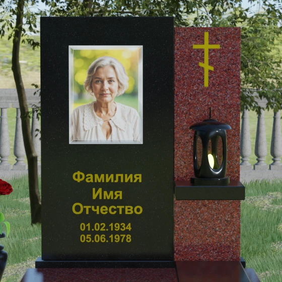 Вертикальный комбинированный православный памятник в Барнауле, гранит Габбро-диабаз