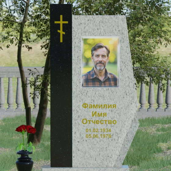 Гранитный вертикальный памятник с крестом и комплексом в Барнауле, гранит Мансуровский