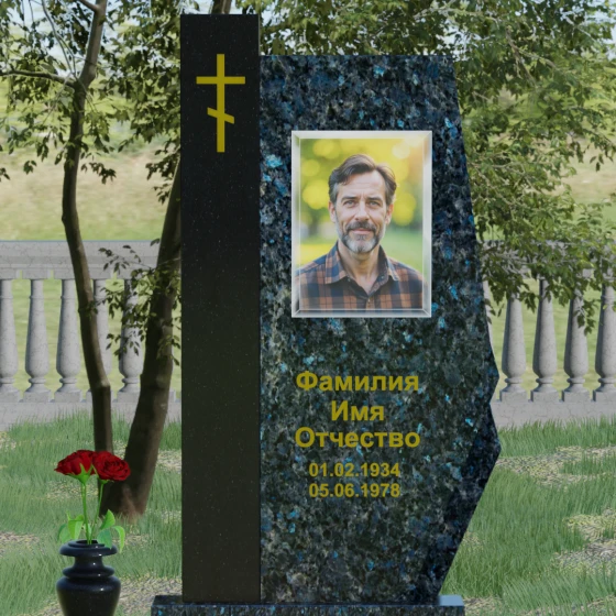 Гранитный вертикальный памятник с крестом и комплексом в Барнауле, гранит Блю Перл