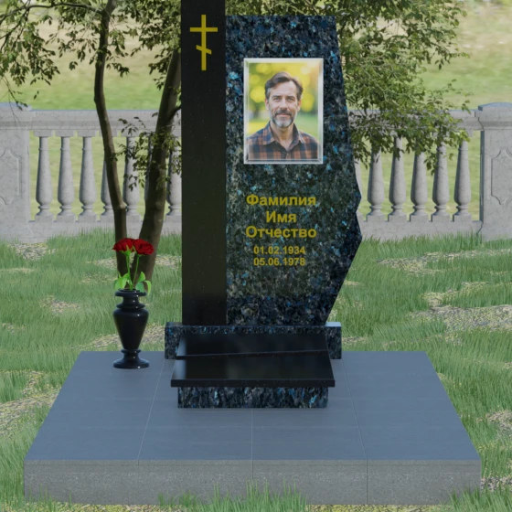 Гранитный вертикальный памятник с крестом и комплексом в Барнауле, гранит Блю Перл, вид 2