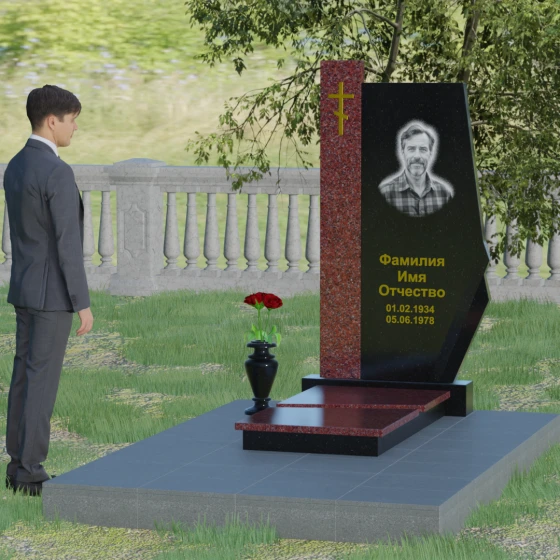 Гранитный вертикальный памятник с крестом и комплексом в Барнауле, гранит Габбро-диабаз, вид 3