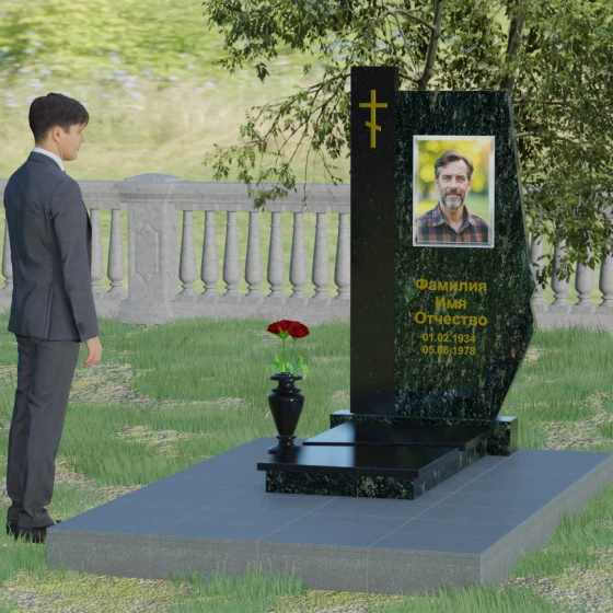 Гранитный вертикальный памятник с крестом и комплексом в Барнауле, гранит Балтик грин, вид 3