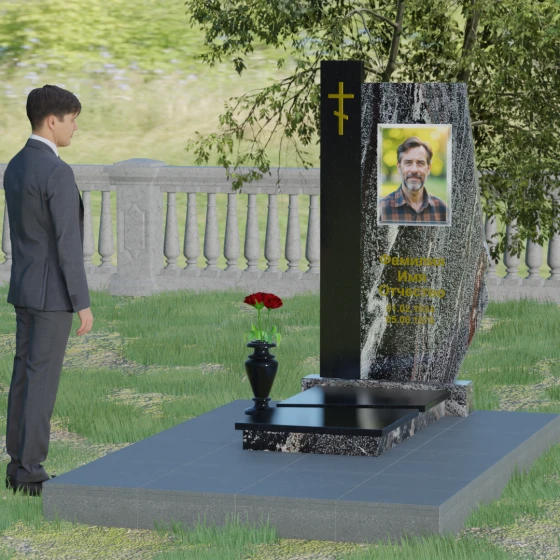 Гранитный вертикальный памятник с крестом и комплексом в Барнауле, гранит амфиболит, вид 3