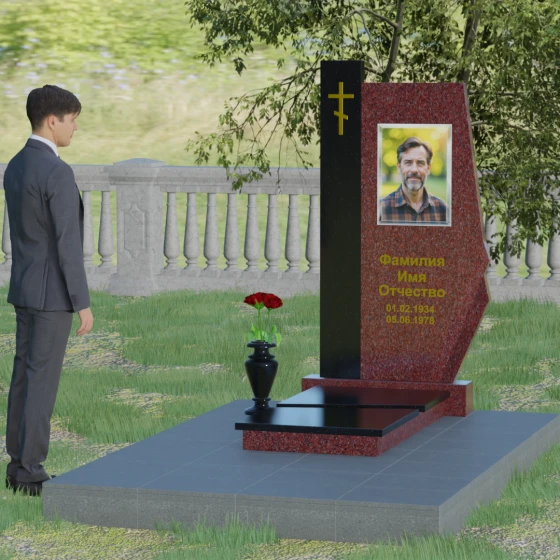 Гранитный вертикальный памятник с крестом и комплексом в Барнауле, гранит Лезниковский, вид 3