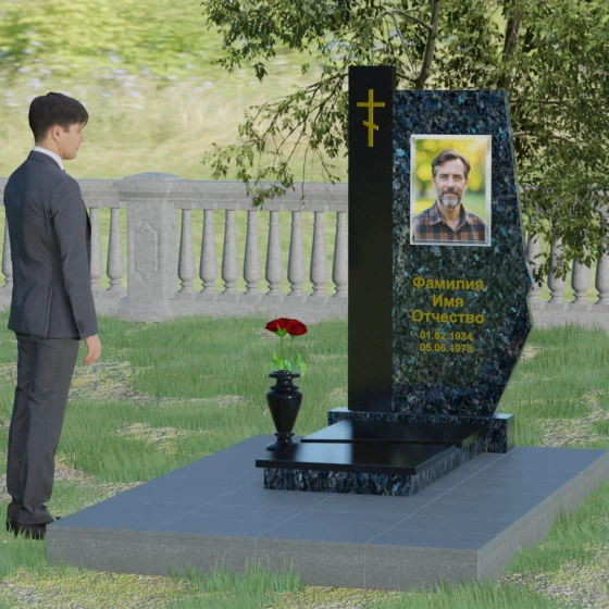 Гранитный вертикальный памятник с крестом и комплексом в Барнауле, гранит Блю Перл, вид 3