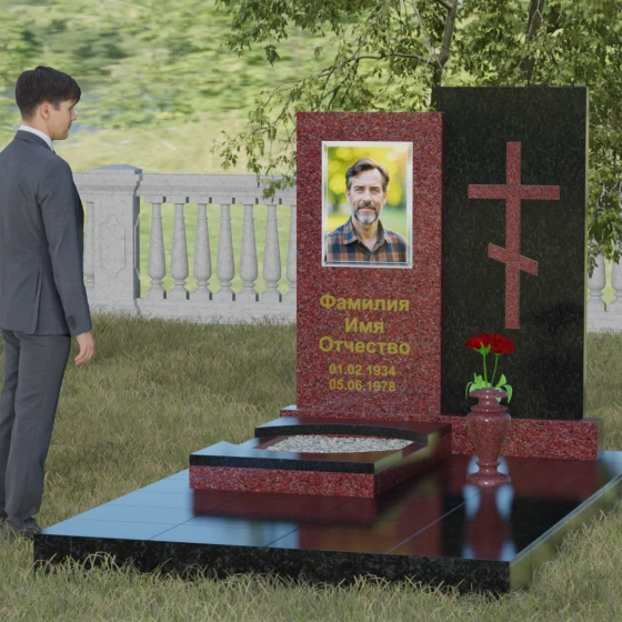 Православный комбинированный памятник с крестом в Салехарде, гранит Лезниковский, вид 4